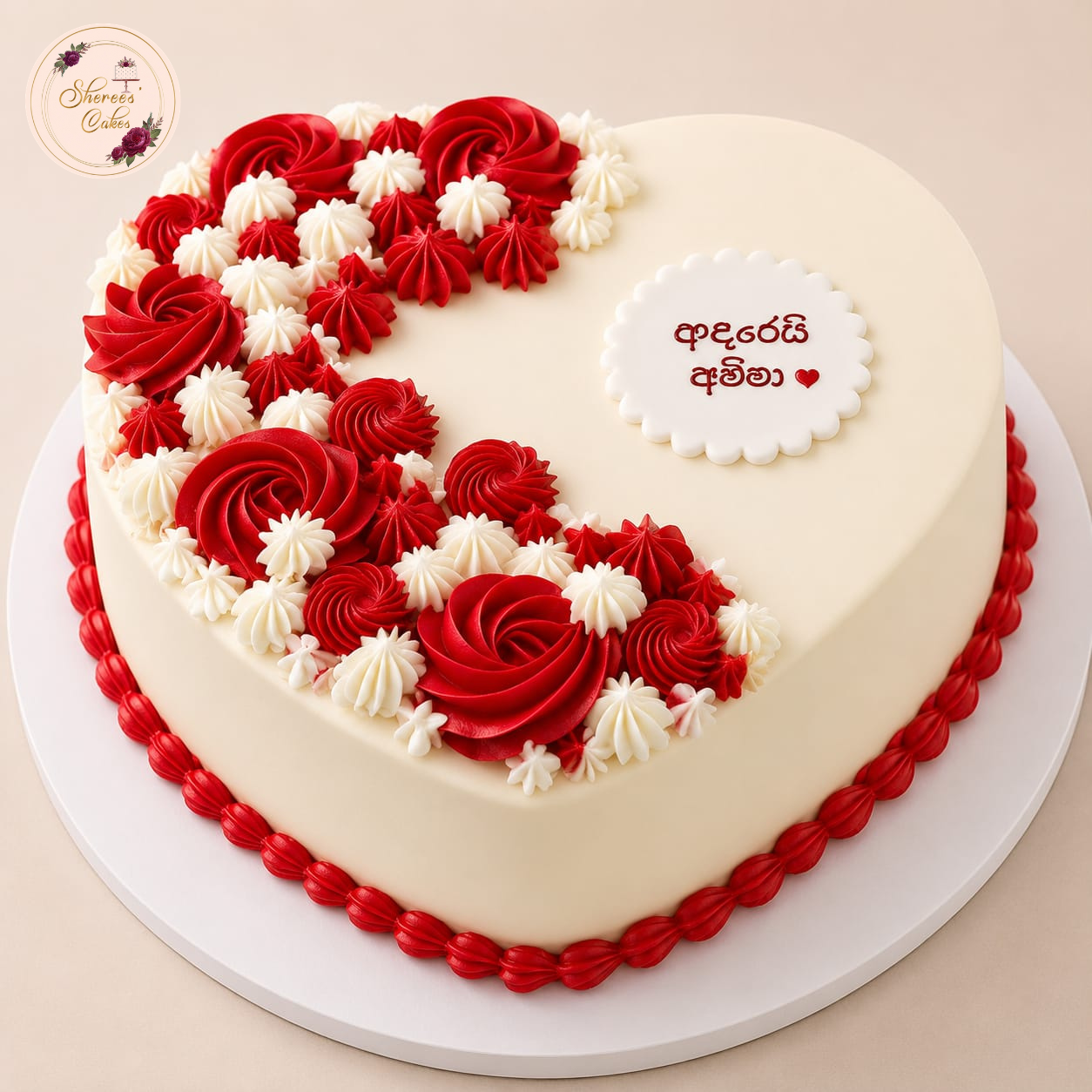Red & White Floral Heart Cake